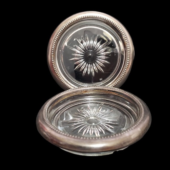 Leonard Silver plate Starburst Cut Crystal Coasters Lot of 2 ITALY - Picture 1 of 10